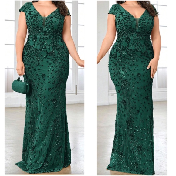Plus V neck Sequin High Waisted Formal Black Tie Wedding Dress